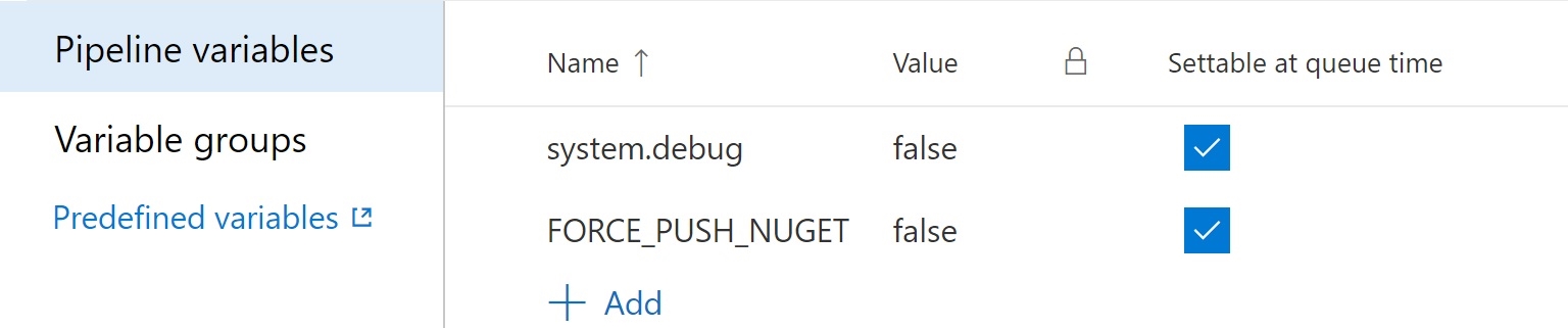 A screenshot showing setting up a variable named FORCE_PUSH_NUGET in a build pipeline's settings