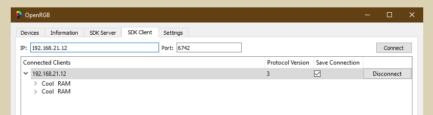 Screenshot of OpenRGB application on the "SDK Client" tab with the IP address 192.168.21.12 typed in to the "IP" input, and "6742" in the port input. Below the same IP is listed under "Connected Clients" along with 2 interfaces called "Cool RAM"